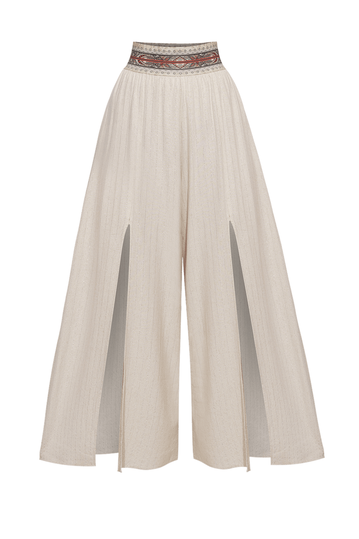 HIGH-WAISTED VISCOSE-LINEN PANTS WITH SLITS IN ECRU STRIPED - ESSENTIALS JIORO ПАНТАЛОН С ВИСОКА ТАЛИЯ ОТ ВИСКОЗА И ЛЕН СЪС СТРАНИЧНИ ЦЕПКИ В ЕКРЮ РАЙЕ - ESSENTIALS JIORO