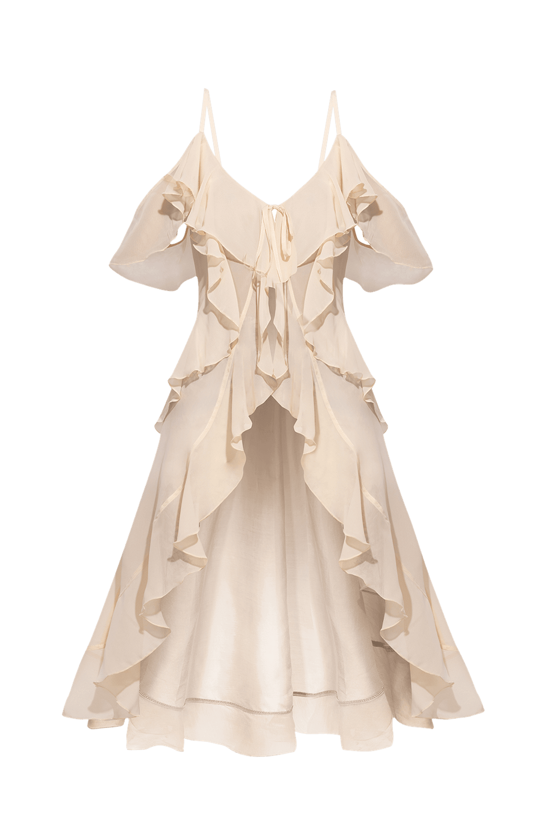 LONG RUFFLED CHIFFON TUNIC IN BEIGE - ESSENTIALS
