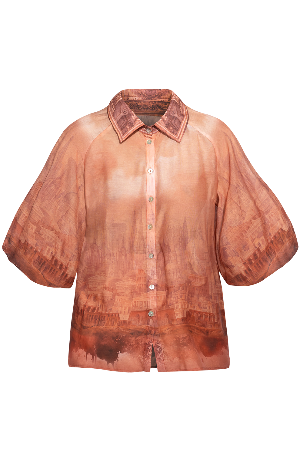 3/4-SLEEVE SHIRT WITH ELASTIC HEM AND SHELL BUTTON PLASTRON IN VISCOSE-SILK - ANCIENT TOWN JIORO РИЗА С 3/4 РЪКАВ ОТ ВИСКОЗА И КОПРИНА - ANCIENT TOWN JIORO