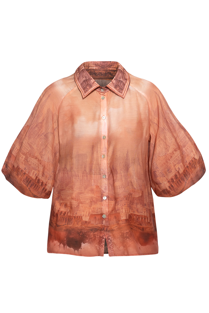 3/4-SLEEVE SHIRT WITH ELASTIC HEM AND SHELL BUTTON PLASTRON IN VISCOSE-SILK - ANCIENT TOWN JIORO РИЗА С 3/4 РЪКАВ ОТ ВИСКОЗА И КОПРИНА - ANCIENT TOWN JIORO