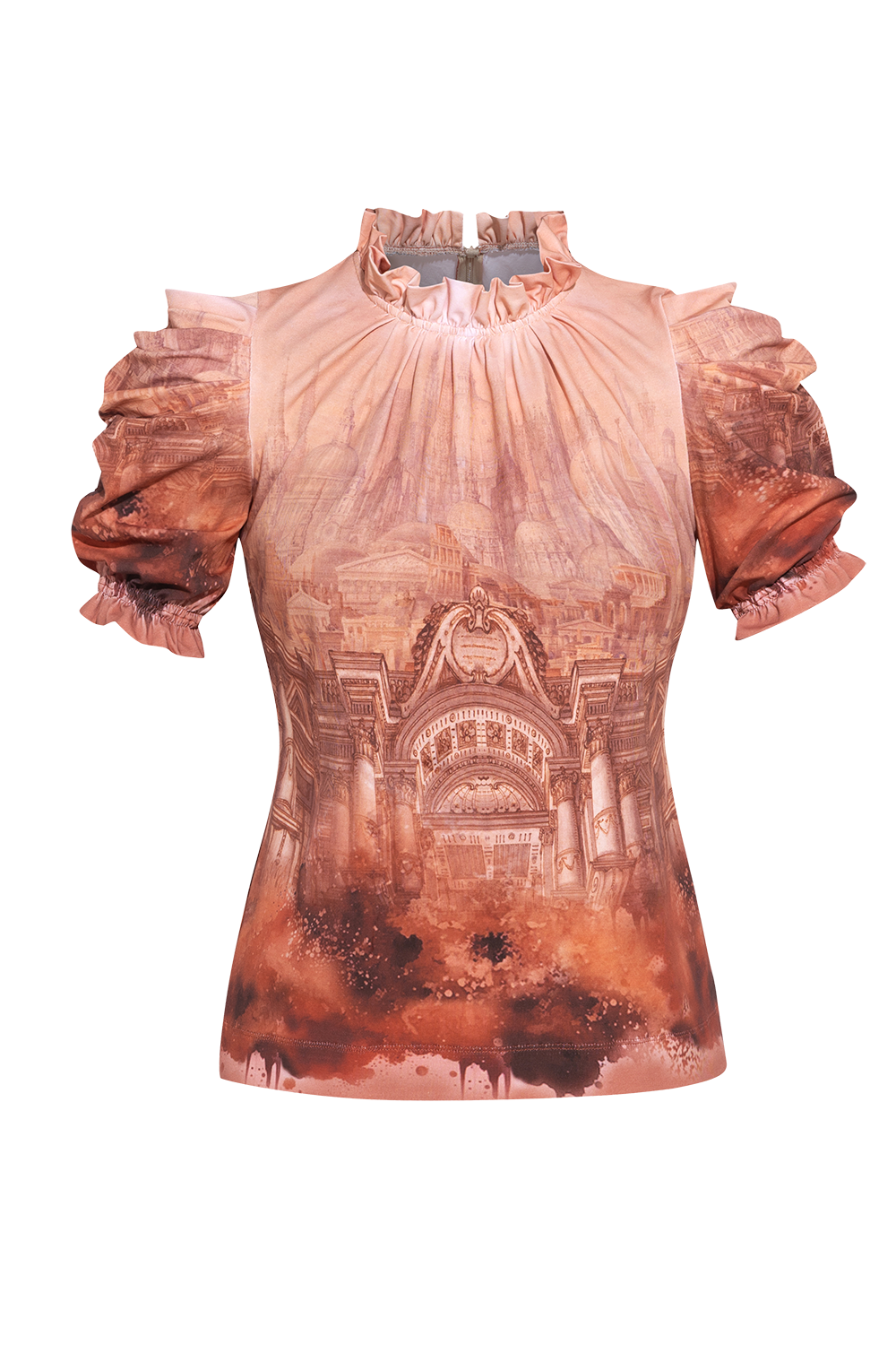 JERSEY COTTON BLOUSE WITH RUFFLED STAND COLLAR AND PUFF SLEEVES - ANCIENT TOWN JIORO БЛУЗА ОТ ПАМУК С РУЖКИ И БУФАН РЪКАВ - ANCIENT TOWN JIORO