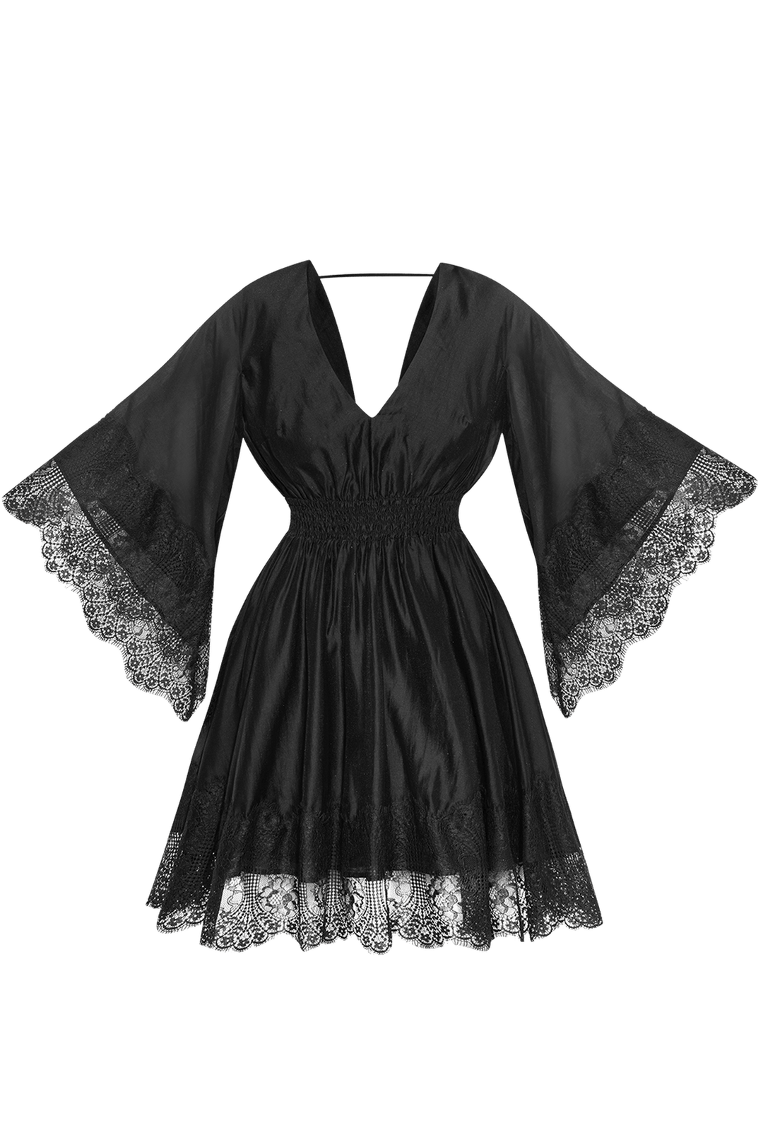 SHORT BLACK LYOCELL DRESS WITH LACE - ESSENTIALS JIORO КЪСА РОКЛЯ ОТ ЛИОЦЕЛ С ШИРОК РЪКАВ И ДАНТЕЛА В НЧЕРНО - ESSENTIALS JIORO
