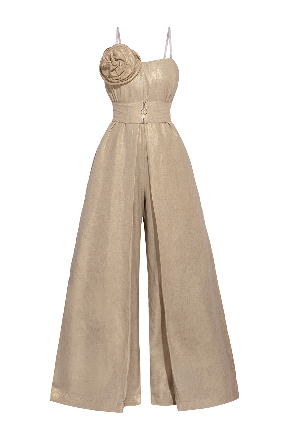 OFF-SHOULDER JUMPSUIT WITH FLORAL DETAILS IN GOLD LINEN-VISCOSE - ESSENTIALS JIORO ГАЩЕРИЗОН ОТ ЛЕН И ВИСКОЗА В ЗЛАТИСТО - ESSENTIALS JIORO