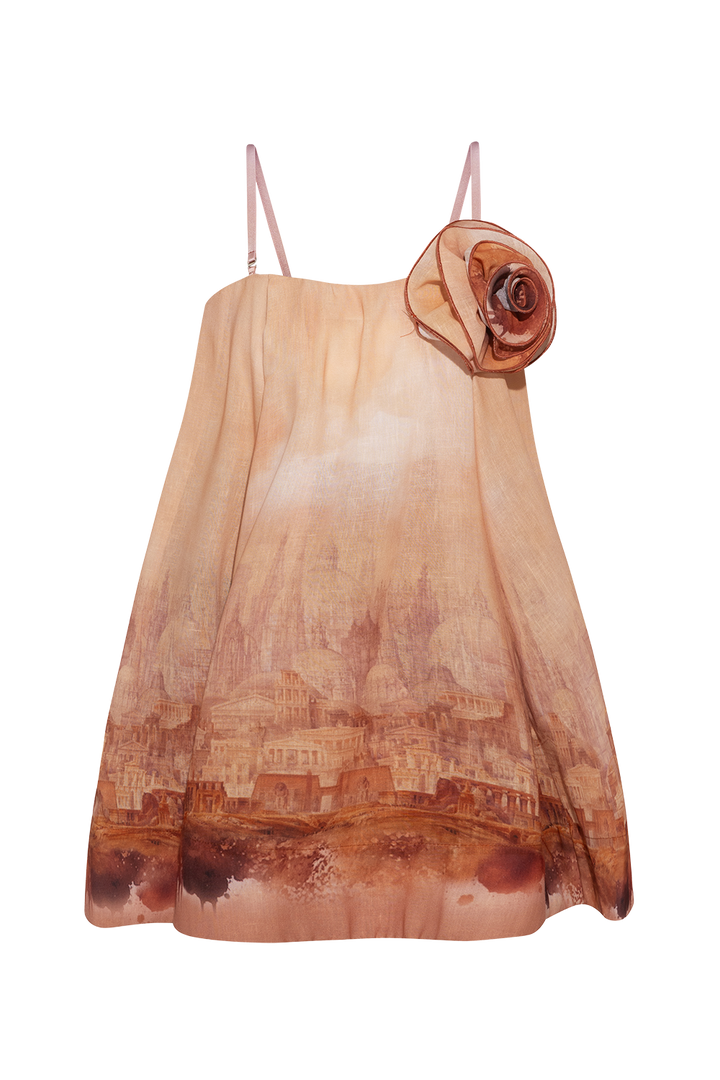 A-LINE CORSET LINEN DRESS WITH FLORAL DETAILS - ANCIENT TOWN JIORO ЛЕНЕНА РОКЛЯ А-СИЛУЕТ С КОРСЕТ И АКСЕСОАР ЦВЕТЕ - ANCIENT TOWN JIORO
