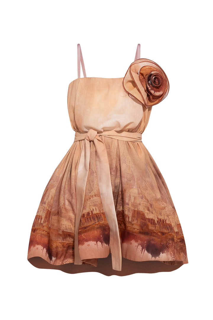 A-LINE CORSET LINEN DRESS WITH FLORAL DETAILS - ANCIENT TOWN JIORO ЛЕНЕНА РОКЛЯ А-СИЛУЕТ С КОРСЕТ И АКСЕСОАР ЦВЕТЕ - ANCIENT TOWN JIORO