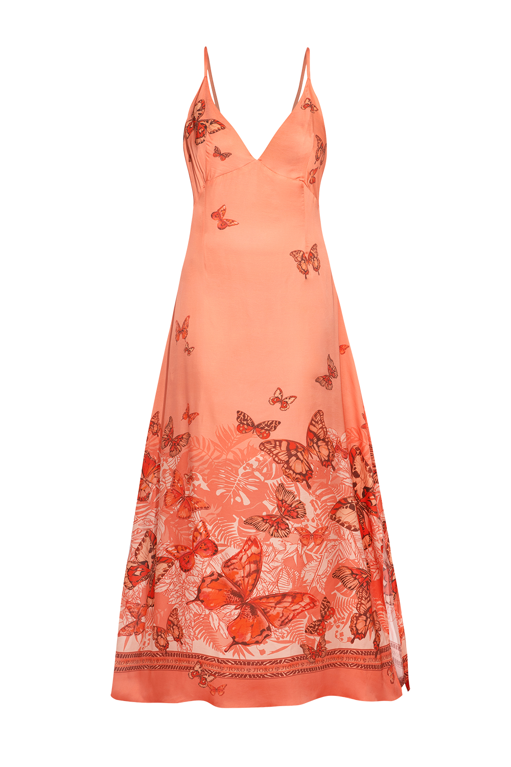 VISCOSE SLIP DRESS WITH OPEN BACK AND THIN STRAPS - PAPAYA BUTTERFLIES JIORO РОКЛЯ ОТ ВИСКОЗА С ОТВОРЕН ГРЪБ И ТЪНКИ ПРЕЗРАМКИ - PAPAYA BUTTERFLIES JIORO