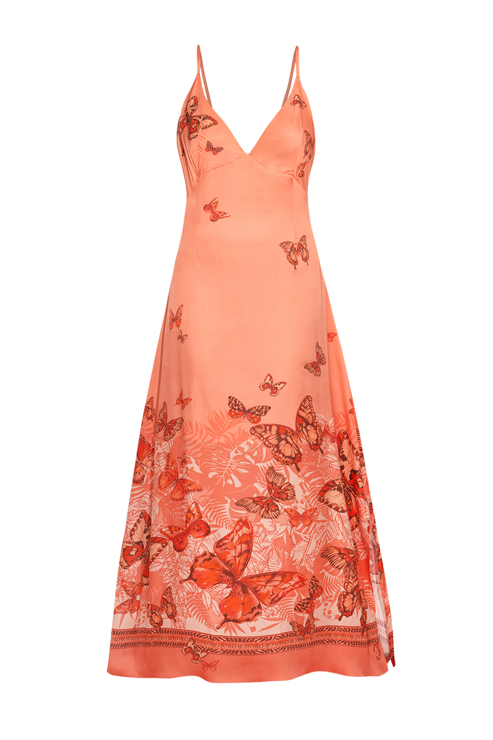 VISCOSE SLIP DRESS WITH OPEN BACK AND THIN STRAPS - PAPAYA BUTTERFLIES JIORO РОКЛЯ ОТ ВИСКОЗА С ОТВОРЕН ГРЪБ И ТЪНКИ ПРЕЗРАМКИ - PAPAYA BUTTERFLIES JIORO