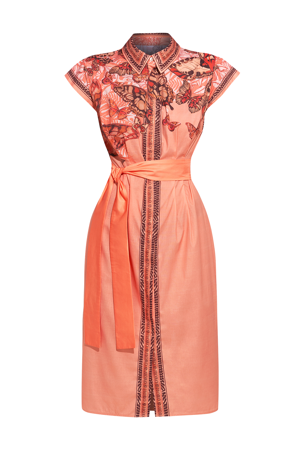 POPLIN SHIRT DRESS WITH OVAL HEM AND DRAPED WAIST - PAPAYA BUTTERFLIES