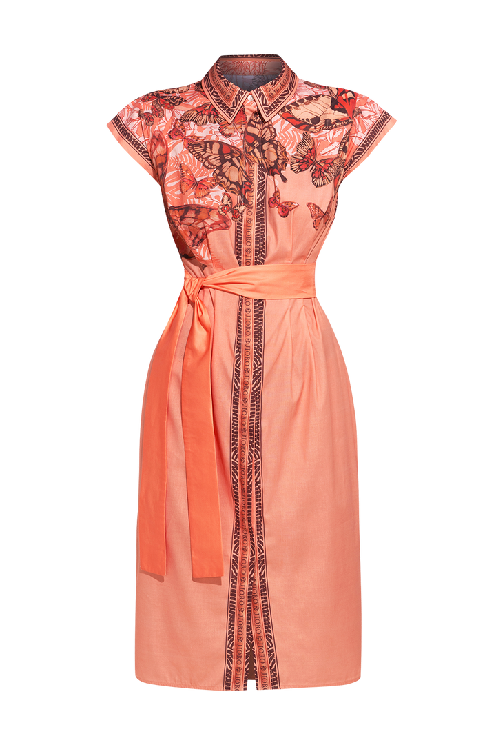 POPLIN SHIRT DRESS WITH OVAL HEM AND DRAPED WAIST - PAPAYA BUTTERFLIES JIORO РОКЛЯ ТИП РИЗА ОТ ПОПЛИН С ОВАЛЕН ПОДГЪВ - PAPAYA BUTTERFLIES JIORO