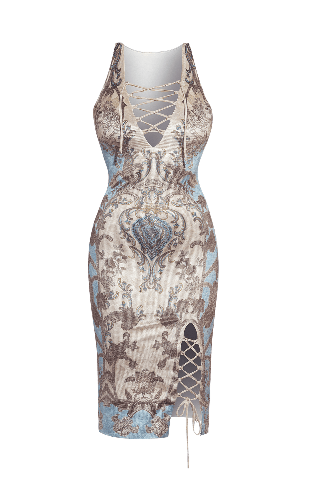 FITTED RIBBED VELVET DRESS WITH V-NECKLINE - PAISLEY SKY - Fashion Roots