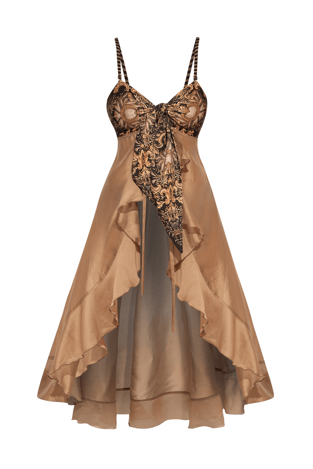 LYOCELl AND VISCOSE LONG RUFFLED TUNIC - GOLDEN STRIPES - Fashion Roots