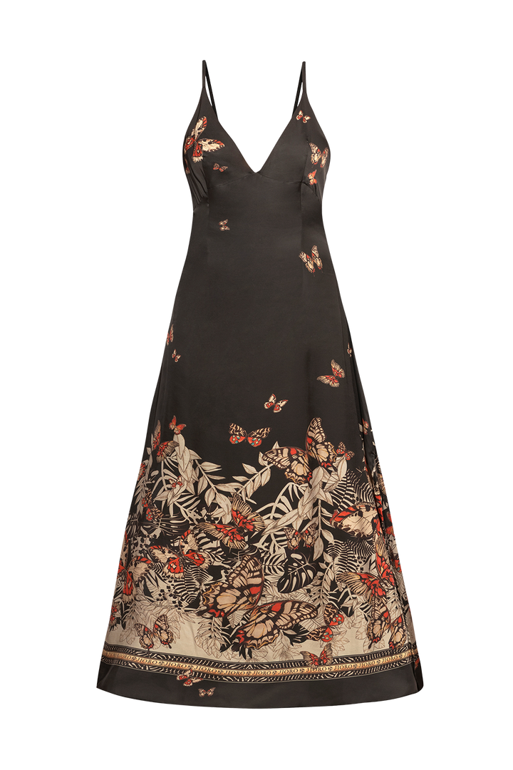 VISCOSE SLIP DRESS WITH OPEN BACK AND THIN STRAPS - MIDNIGHT BUTTERFLIES JIORO РОКЛЯ ОТ ВИСКОЗА С ОТВОРЕН ГРЪБ И ТЪНКИ ПРЕЗРАМКИ - MIDNIGHT BUTTERFLIES JIORO 