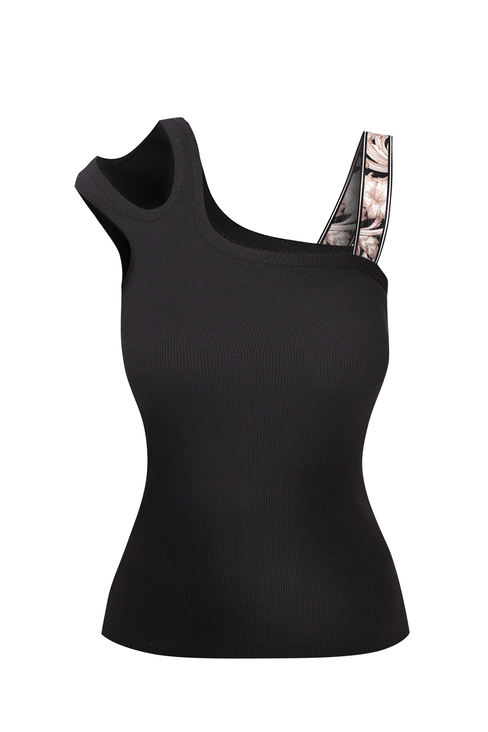 ASYMMETRICAL RIBBED TANK TOP IN BLACK WITH ELASTIC STRAP BAROQUE PEARL - ESSENTIALS JIORO АСИМЕТРИЧЕН РИПСЕН ТОП В ЧЕРНО С ЛАСТИЧНА ПРЕЗРАМКА BAROQUE PEARL - ESSENTIALS JIORO