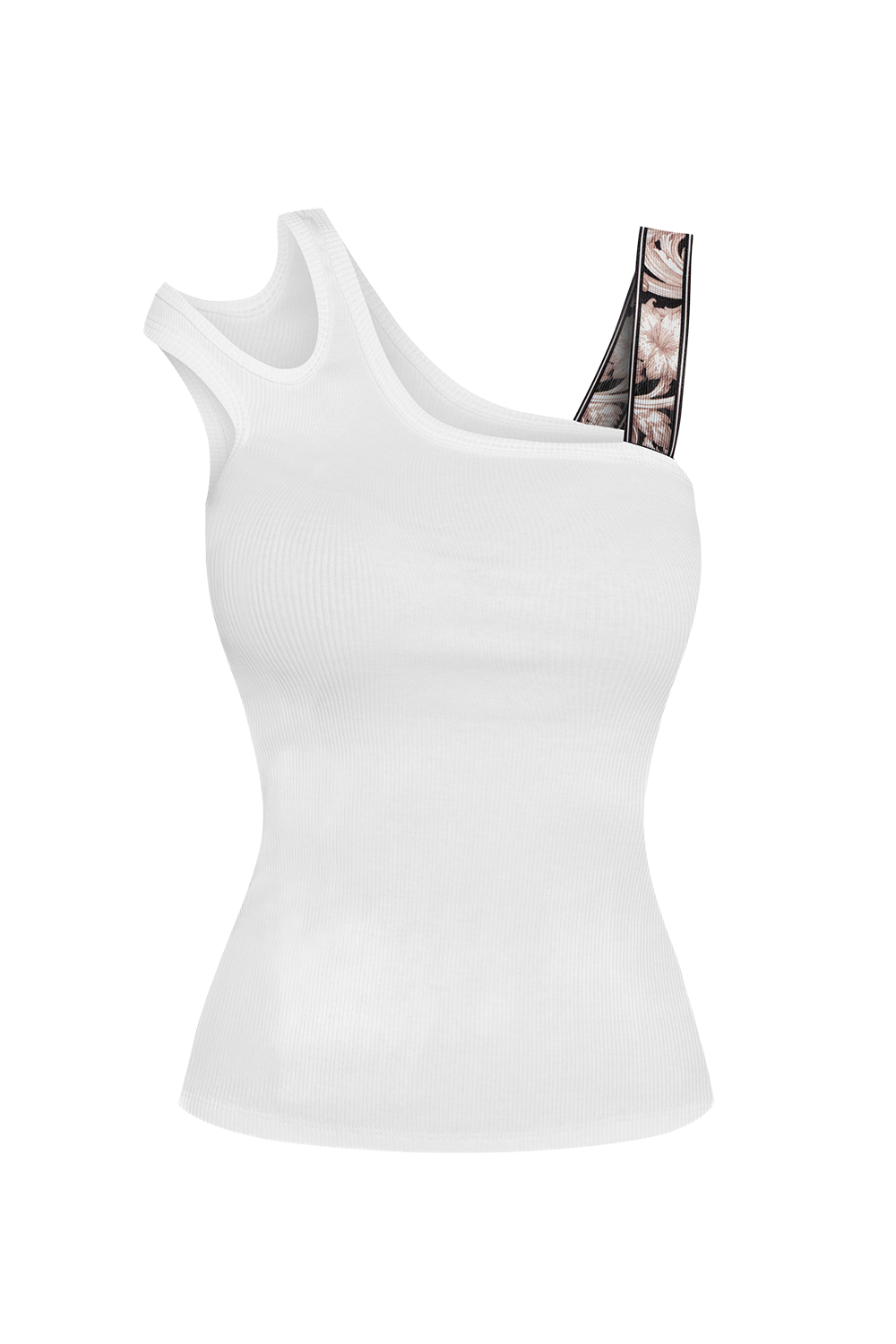 ASYMMETRICAL RIBBED TANK TOP IN WHITE WITH ELASTIC STRAP BAROQUE PEARL - ESSENTIALS JIORO АСИМЕТРИЧЕН ПОТНИК ОТ РИПС В БЯЛО С ЛАСТИЧНА ПРЕЗРАМКА BAROQUE PEARL - ESSENTIALS JIORO