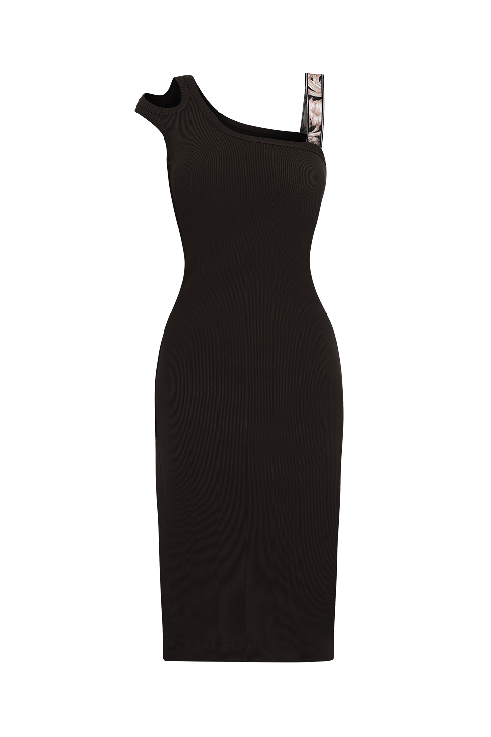 BLACK COTTON MIDI DRESS WITH ASYMMETRICAL SHOULDERS AND STRAP BAROQUE PEARL - ESSENTIALS JIORO