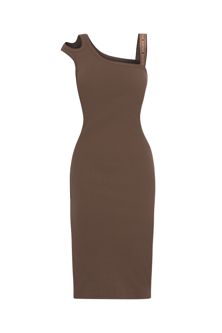 COTTON MIDI DRESS WITH ASYMMETRICAL SHOULDERS AND STRAP MOCHA MOUSSE LOGO - ESSENTIALS JIORO