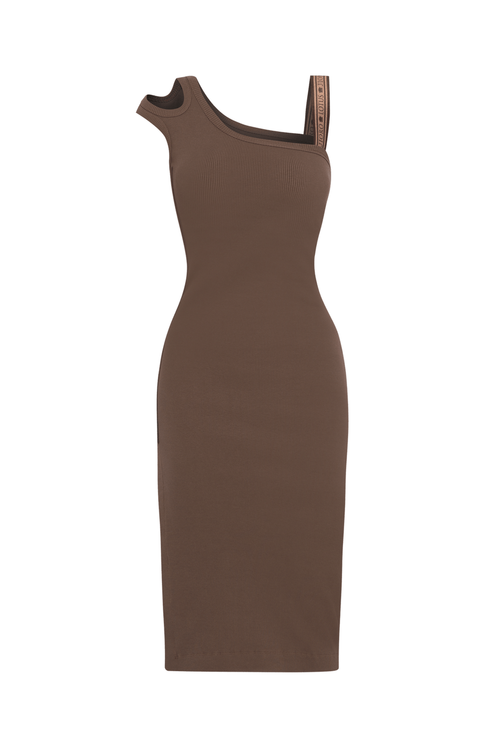 COTTON MIDI DRESS WITH ASYMMETRICAL SHOULDERS AND STRAP MOCHA MOUSSE LOGO - ESSENTIALS JIORO