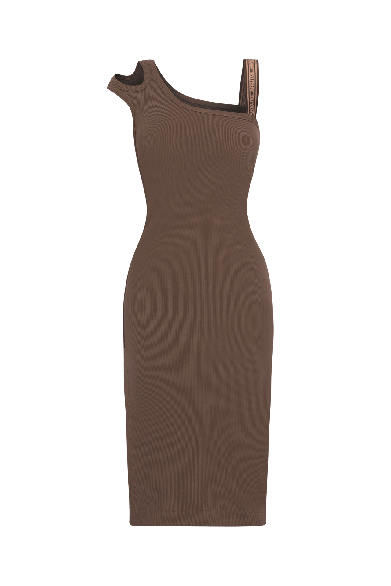 ROBE MIDI EN COTON AVEC ÉPAULES ET BRETELLES ASYMÉTRIQUES, LOGO MOUSSE MOCHA - ESSENTIALS