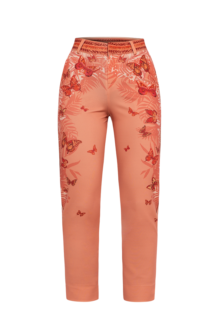 CLASSIC VISCOSE PANTS - PAPAYA BUTTERFLIES JIORO ПАНТАЛОН С КЛАСИЧЕСКА КРОЙКА - PAPAYA BUTTERFLIES JIORO