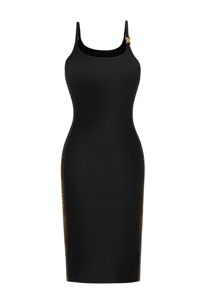 COTTON RIBBED DRESS WITH SHOULDER CLOSURE AND SIDE ELASTIC IN BLACK - ESSENTIALS JIORO РОКЛЯ ОТ ЧЕРЕН ПАМУЧЕН РИПС С ДЕКОРАТИВНА КАТАРАМА - ESSENTIALS JIORO