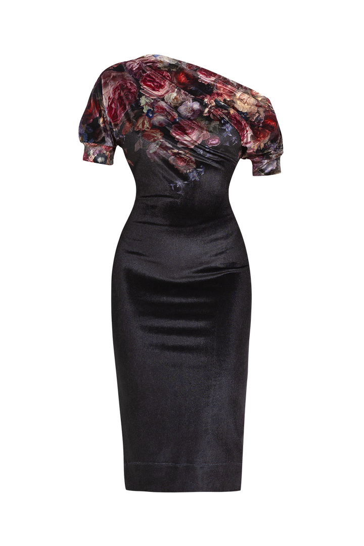 VELVET OFF-SHOULDER DRESS - VINTAGE FLOWERS JIORO РОКЛЯ С ПАДНАЛО РАМО ОТ КАДИФЕ - VINTAGE FLOWERS JIORO