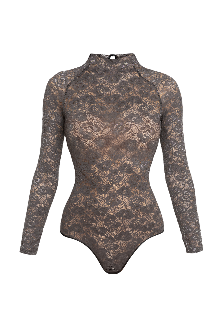 LONG SLEEVE LACE BODYSUIT IN MOCHA - ESSENTIALS JIORO ДАНТЕЛЕНО БОДИ С ДЪЛЪГ РЪКАВ В МОКА - ESSENTIALS JIORO