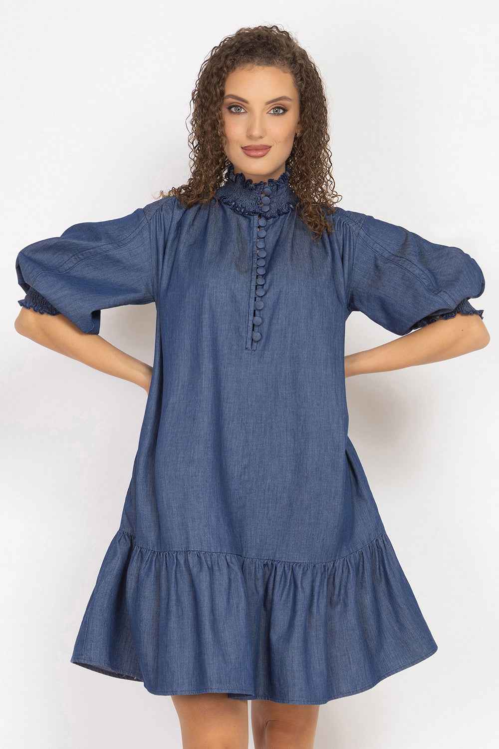 DENIM DRESS WITH ELASTICATED NECKLINE AND BELT - ESSENTIALS