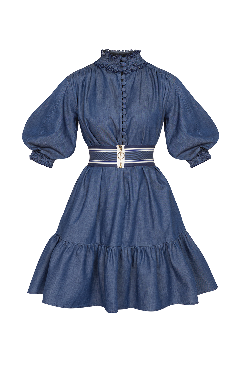 DENIM DRESS WITH ELASTICATED NECKLINE AND BELT - ESSENTIALS