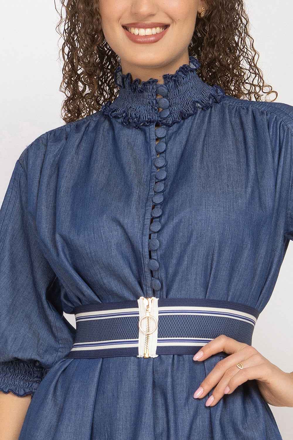DENIM DRESS WITH ELASTICATED NECKLINE AND BELT - ESSENTIALS