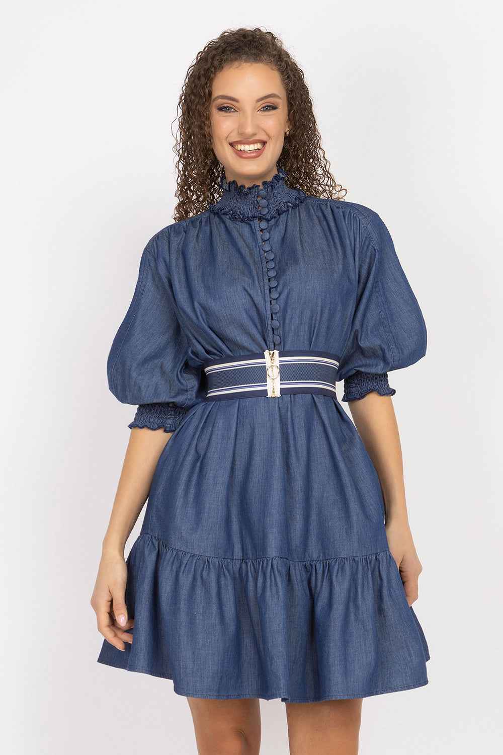 DENIM DRESS WITH ELASTICATED NECKLINE AND BELT - ESSENTIALS