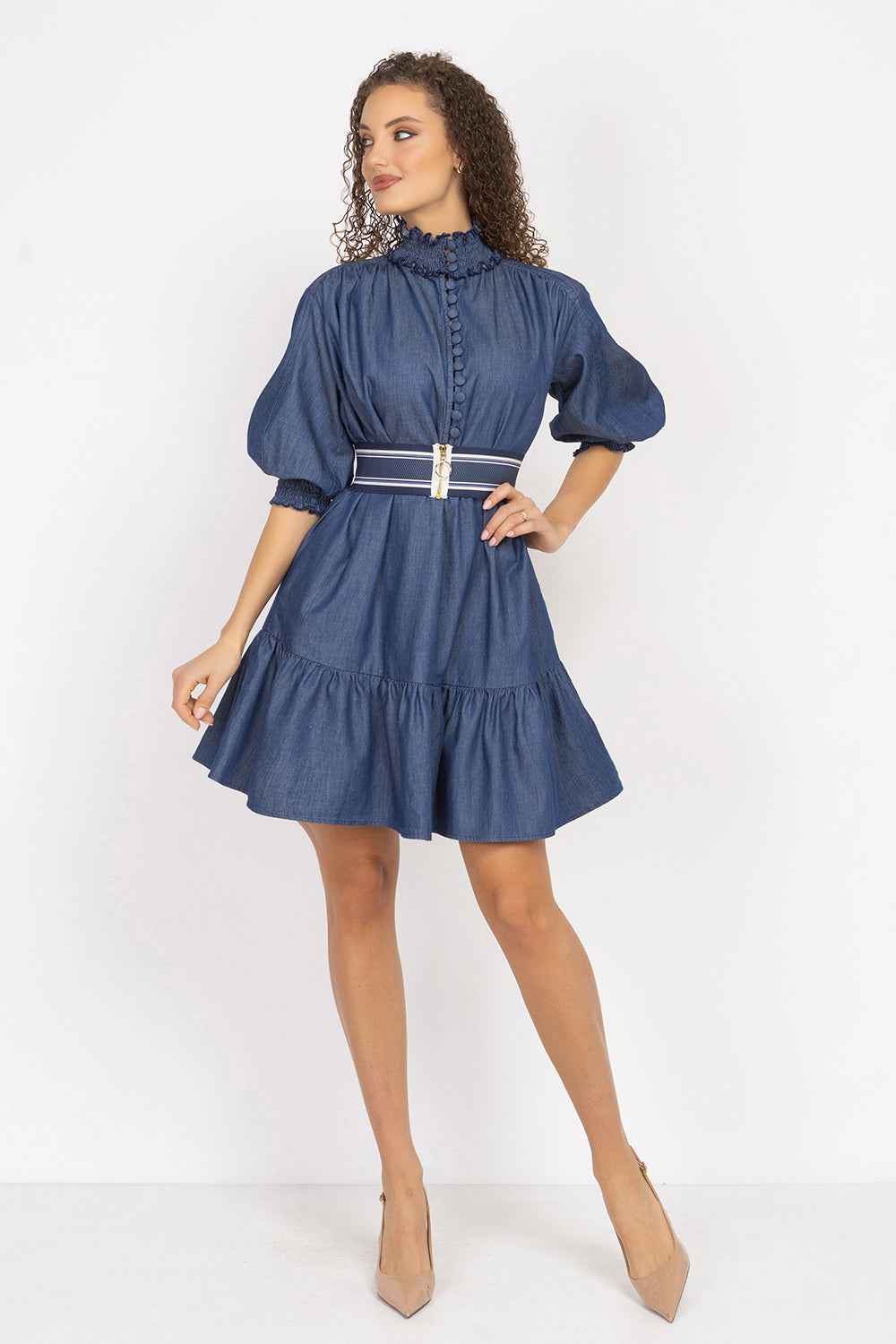 DENIM DRESS WITH ELASTICATED NECKLINE AND BELT - ESSENTIALS