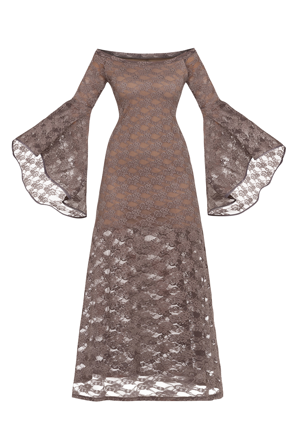 LONG FLORAL LACE DRESS WITH OFF-SHOULDER NECKLINE IN MOCHA - ESSENTIALS JIORO ДЪЛГА ДАНТЕЛЕНА РОКЛЯ В МОКА С ПАДНАЛИ РАМЕНА - ESSENTIALS JIORO
