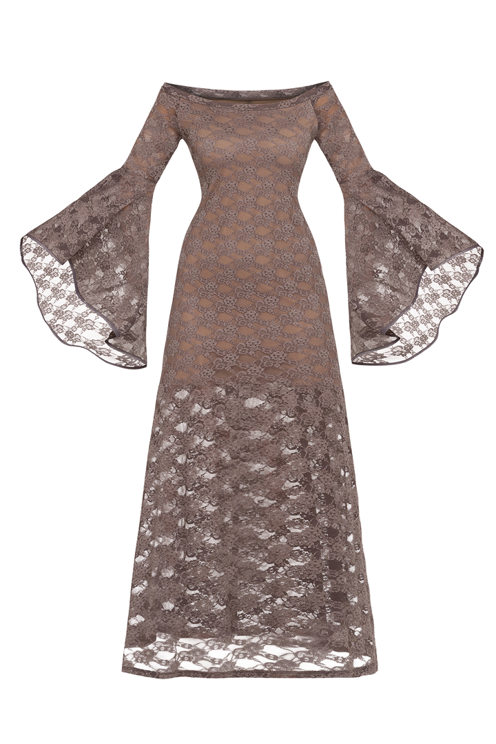 LONG FLORAL LACE DRESS WITH OFF-SHOULDER NECKLINE IN MOCHA - ESSENTIALS JIORO ДЪЛГА ДАНТЕЛЕНА РОКЛЯ В МОКА С ПАДНАЛИ РАМЕНА - ESSENTIALS JIORO