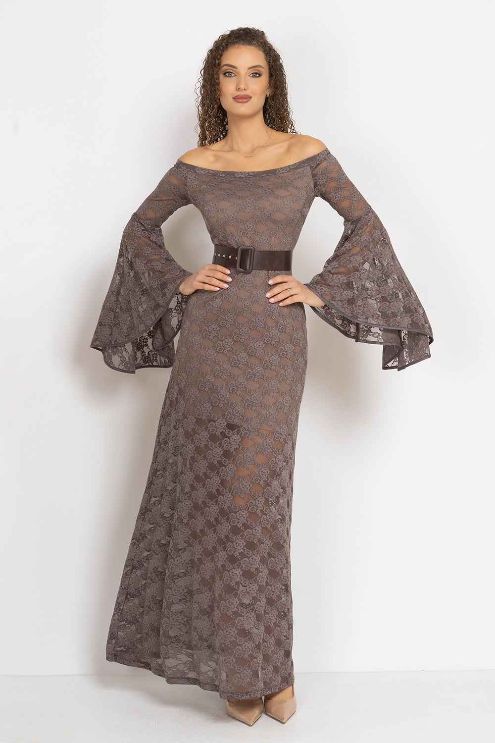 LONG FLORAL LACE DRESS WITH OFF-SHOULDER NECKLINE IN MOCHA - ESSENTIALS