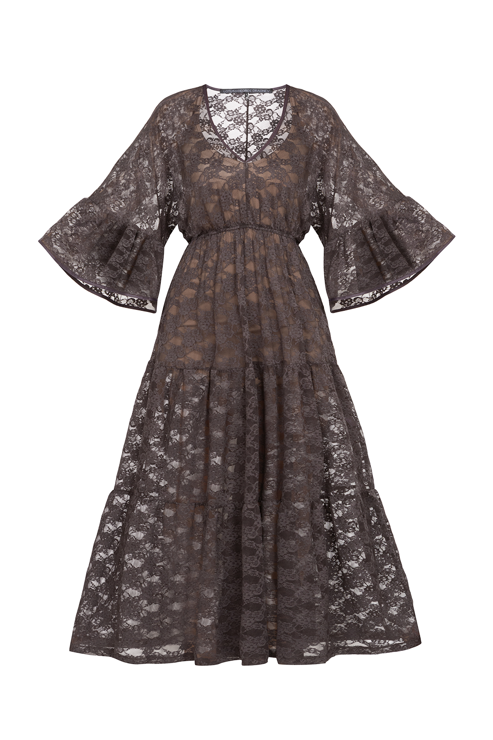 ESPRESSO BOHO LACE DRESS WITH GATHERED RUFFLES AND LINING - ESSENTIALS