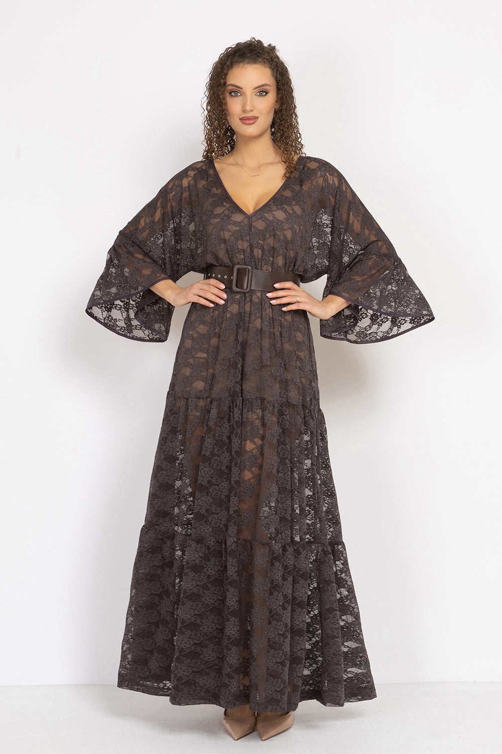 ESPRESSO BOHO LACE DRESS WITH GATHERED RUFFLES AND LINING - ESSENTIALS JIORO ДАНТЕЛЕНА БОХО РОКЛЯ В ЦВЯТ ЕСПРЕСО С ВОЛАНИ И ПОДВИЖНА ПОДПЛАТА - ESSENTIALS JIORO