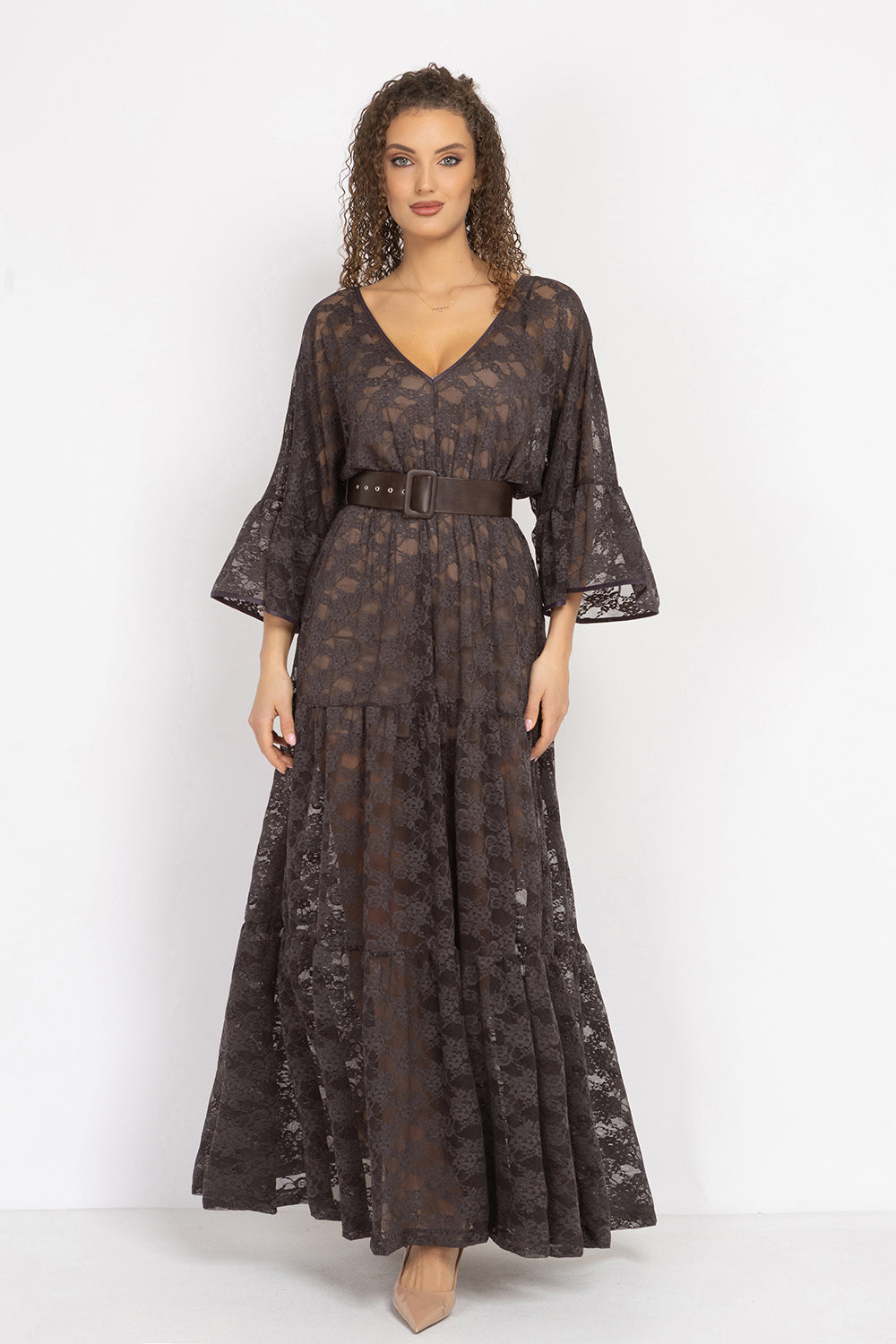 ESPRESSO BOHO LACE DRESS WITH GATHERED RUFFLES AND LINING - ESSENTIALS