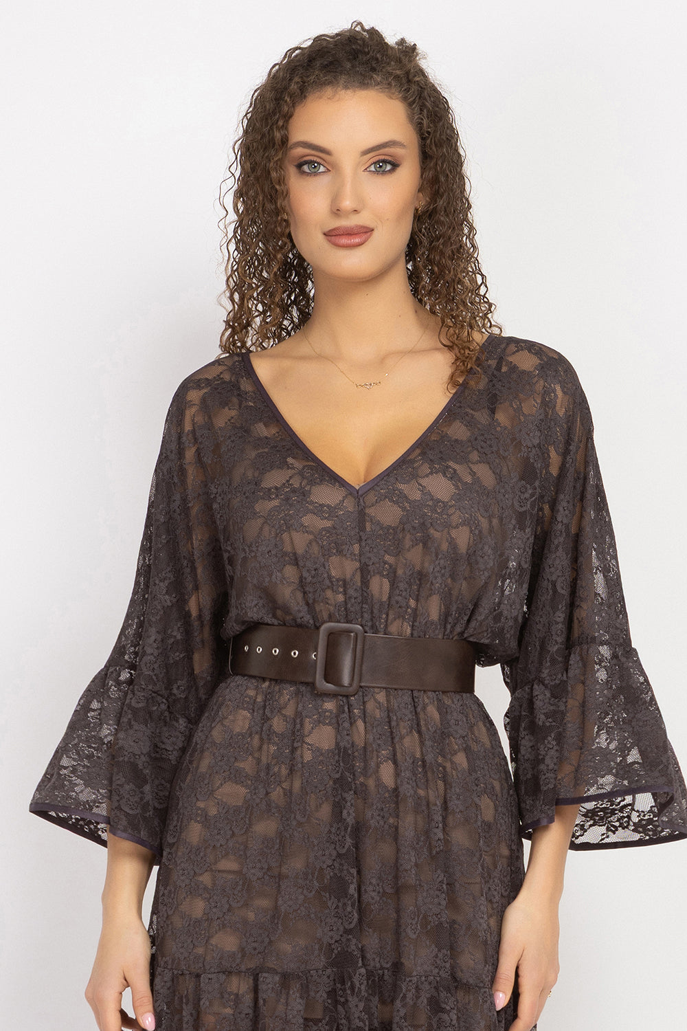 ESPRESSO BOHO LACE DRESS WITH GATHERED RUFFLES AND LINING - ESSENTIALS