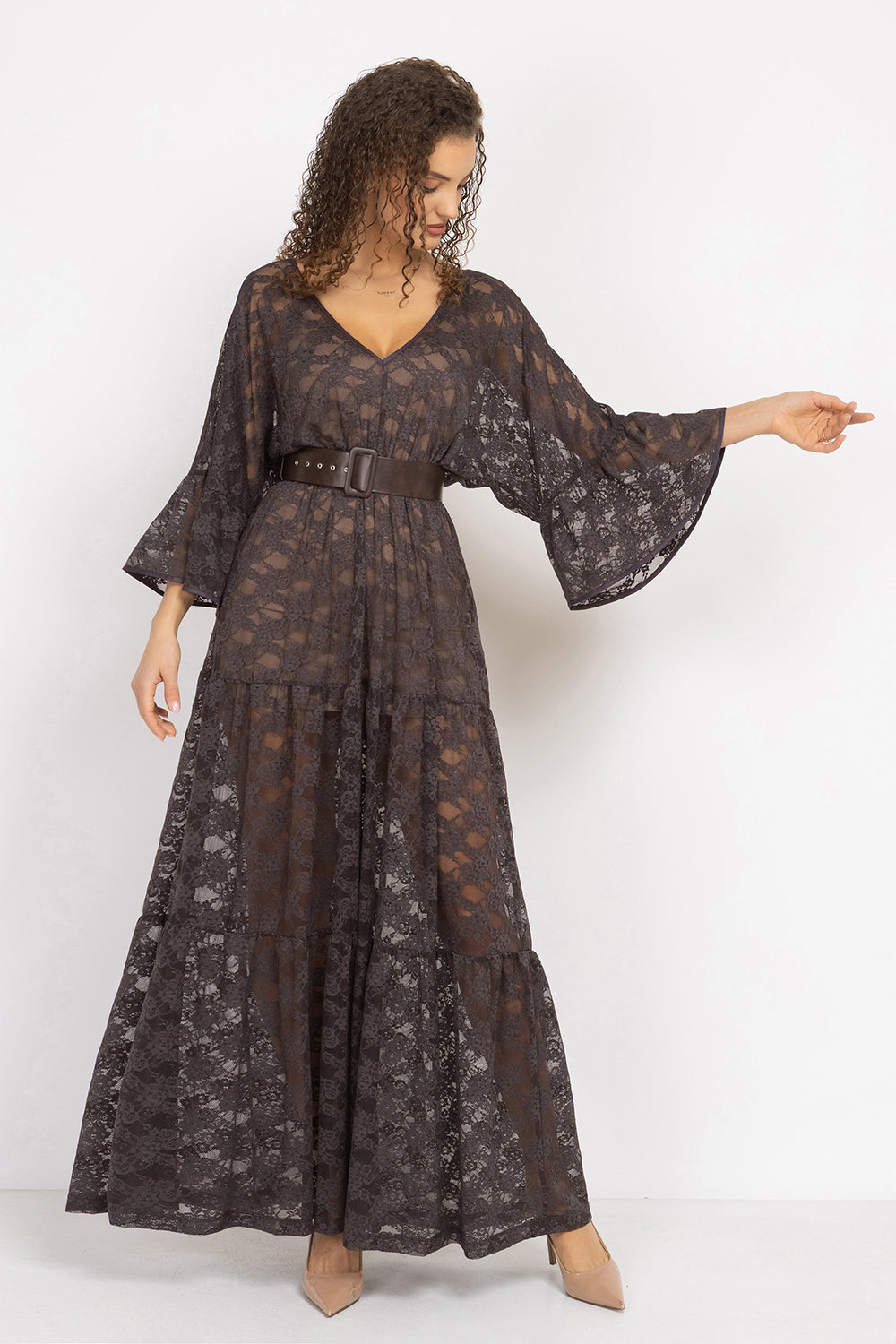 ESPRESSO BOHO LACE DRESS WITH GATHERED RUFFLES AND LINING - ESSENTIALS