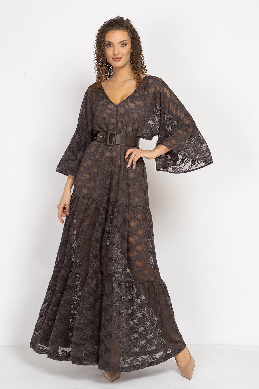 ESPRESSO BOHO LACE DRESS WITH GATHERED RUFFLES AND LINING - ESSENTIALS