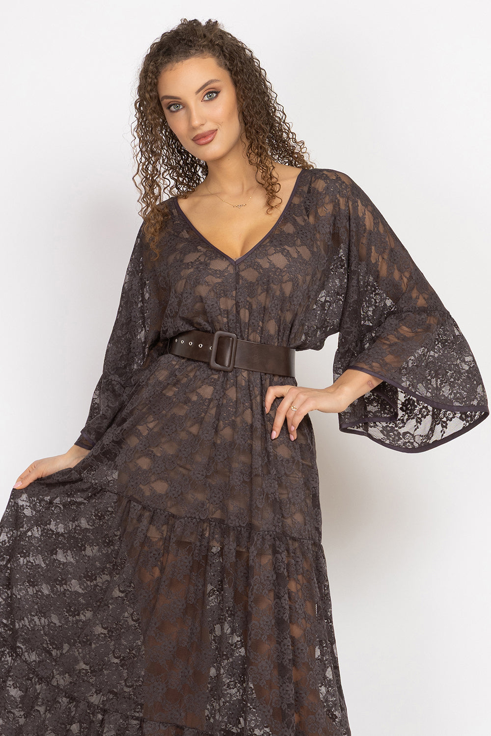 ESPRESSO BOHO LACE DRESS WITH GATHERED RUFFLES AND LINING - ESSENTIALS