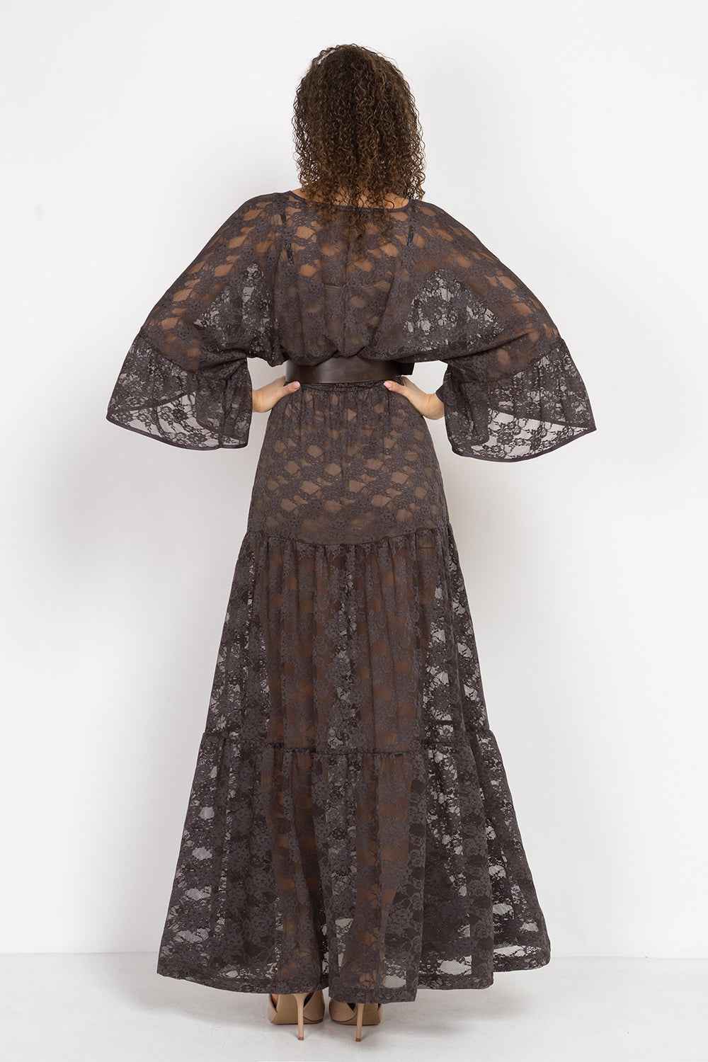 ESPRESSO BOHO LACE DRESS WITH GATHERED RUFFLES AND LINING - ESSENTIALS