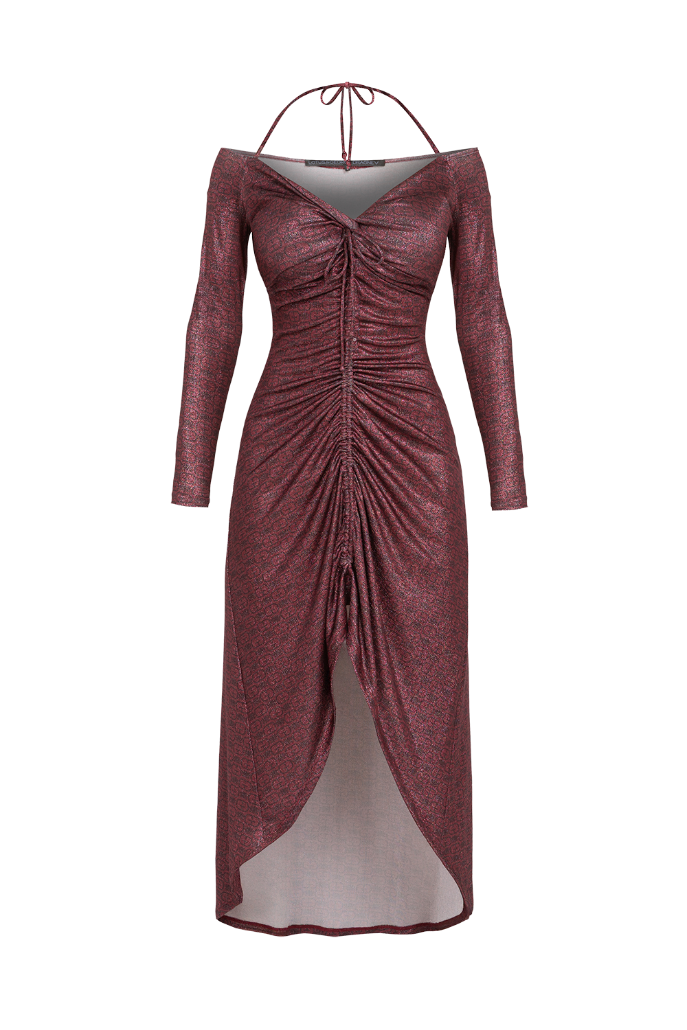 ASYMMETRIC LUREX DRESS WITH KNOT DETAIL AND FRONT DRAWSTRING - BURGUNDY LOGO