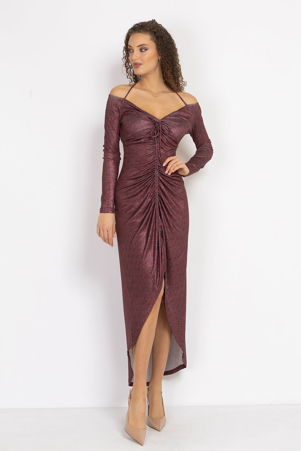 ASYMMETRIC LUREX DRESS WITH KNOT DETAIL AND FRONT DRAWSTRING - BURGUNDY LOGO JIORO АСИМЕТРИЧНА РОКЛЯ ОТ ЛУРЕКС С ВЪЗЕЛ - BURGUNDY LOGO JIORO