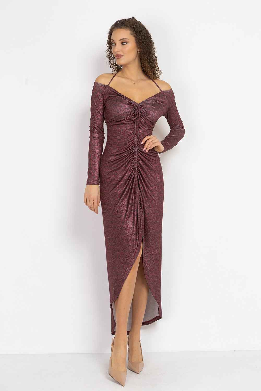 ASYMMETRIC LUREX DRESS WITH KNOT DETAIL AND FRONT DRAWSTRING - BURGUNDY LOGO