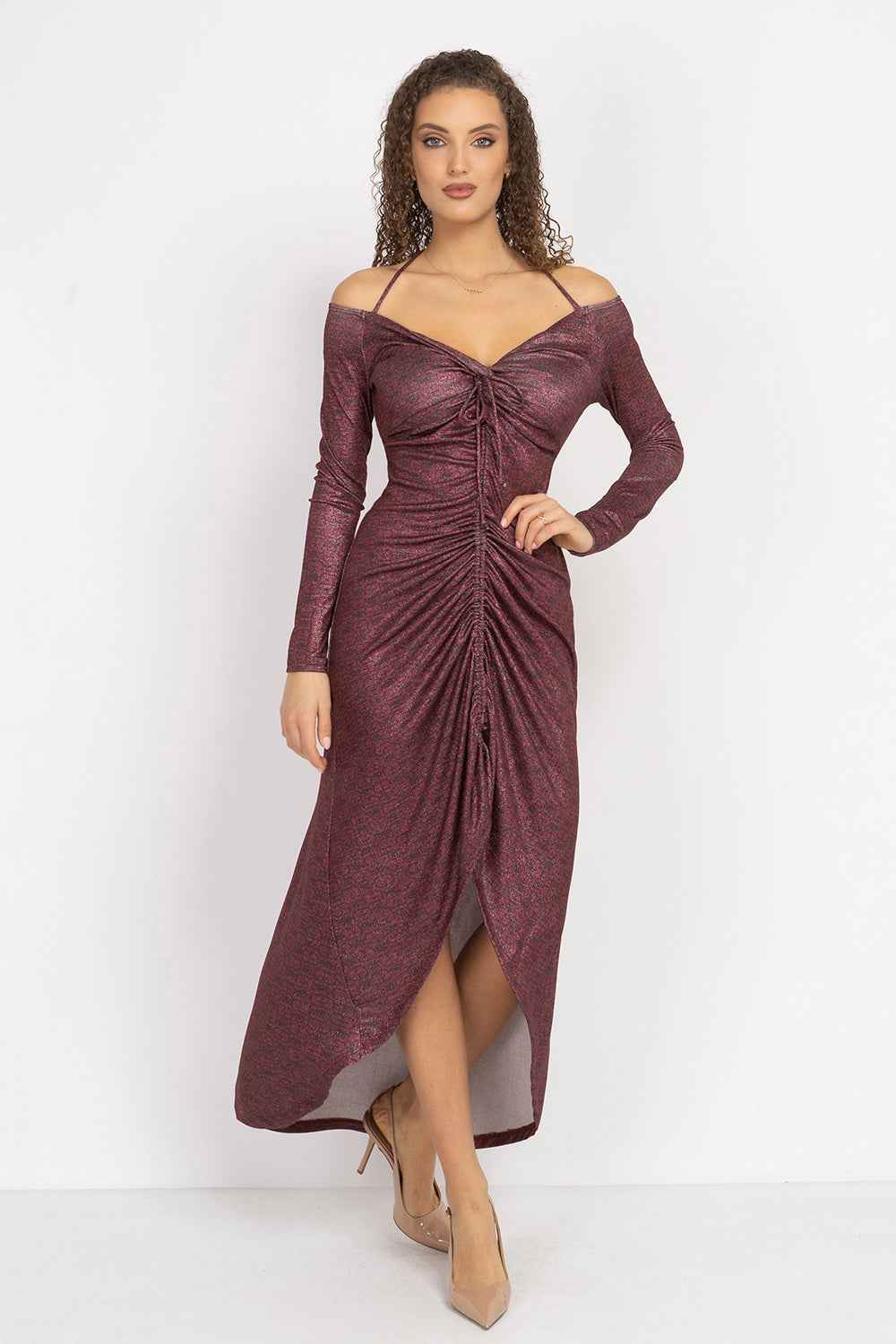 ASYMMETRIC LUREX DRESS WITH KNOT DETAIL AND FRONT DRAWSTRING - BURGUNDY LOGO