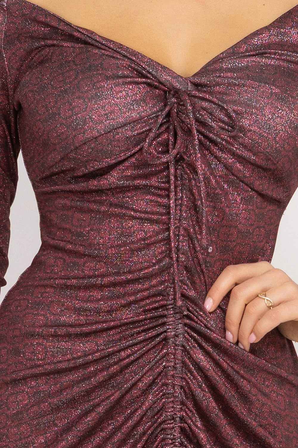 ASYMMETRIC LUREX DRESS WITH KNOT DETAIL AND FRONT DRAWSTRING - BURGUNDY LOGO