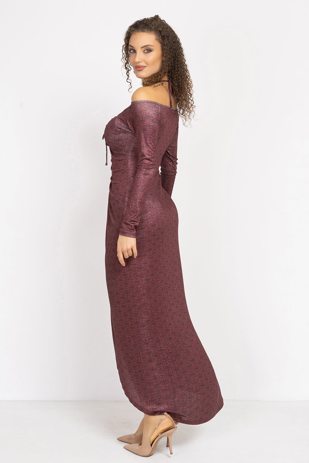 ASYMMETRIC LUREX DRESS WITH KNOT DETAIL AND FRONT DRAWSTRING - BURGUNDY LOGO