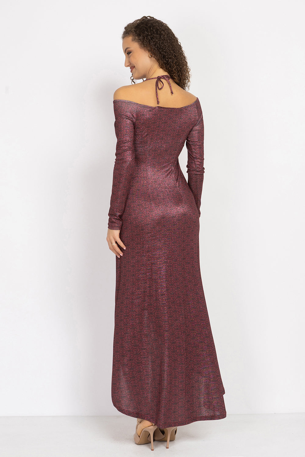ASYMMETRIC LUREX DRESS WITH KNOT DETAIL AND FRONT DRAWSTRING - BURGUNDY LOGO JIORO АСИМЕТРИЧНА РОКЛЯ ОТ ЛУРЕКС С ВЪЗЕЛ - BURGUNDY LOGO JIORO