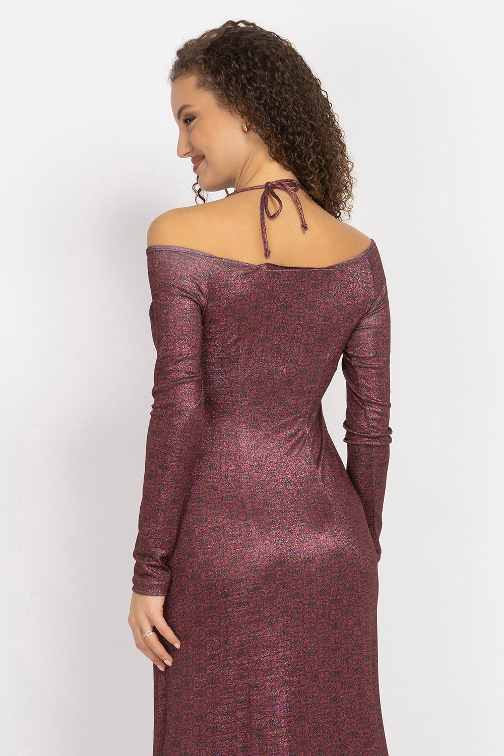 ASYMMETRIC LUREX DRESS WITH KNOT DETAIL AND FRONT DRAWSTRING - BURGUNDY LOGO JIORO АСИМЕТРИЧНА РОКЛЯ ОТ ЛУРЕКС С ВЪЗЕЛ - BURGUNDY LOGO JIORO